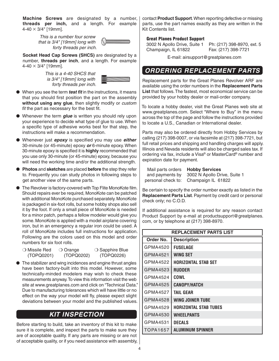 Kit inspection, Ordering replacement parts | Great Planes Giant Revolver ARF - GPMA1425 User Manual | Page 4 / 32