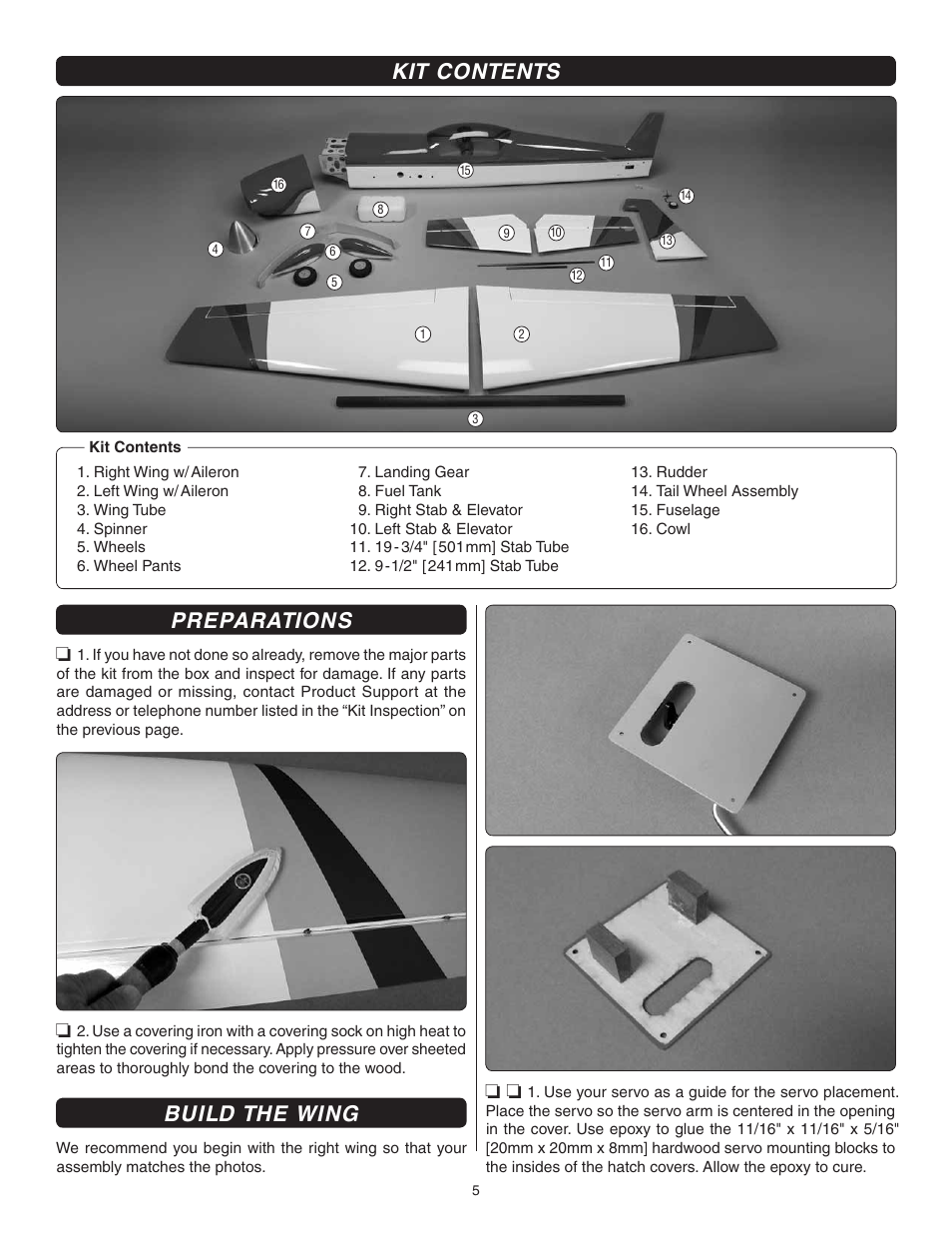 Preparations, Build the wing, Kit contents | Great Planes Giant Revolver ARF - GPMA1425 User Manual | Page 5 / 32