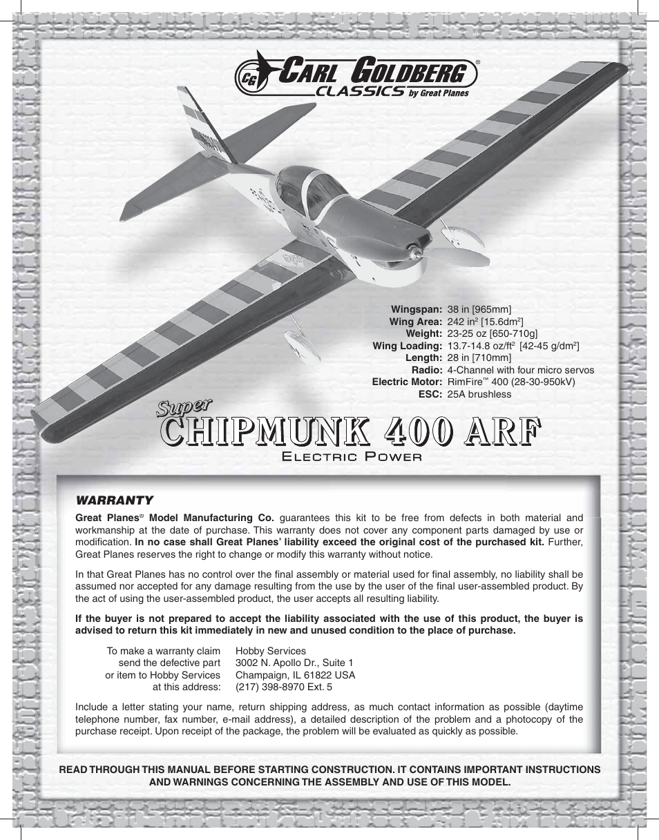 Great Planes Goldberg Super Chipmunk EP ARF - GPMA1928 User Manual | 20 pages