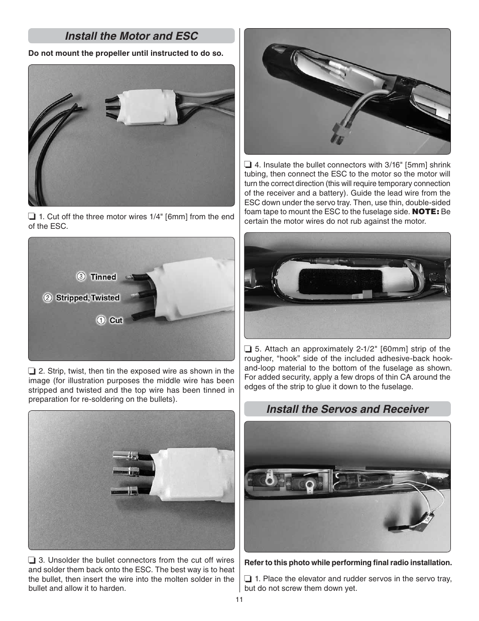 Install the motor and esc, Install the servos and receiver | Great Planes Kunai 1.4M EP Rx-R - GPMA1816 User Manual | Page 11 / 16