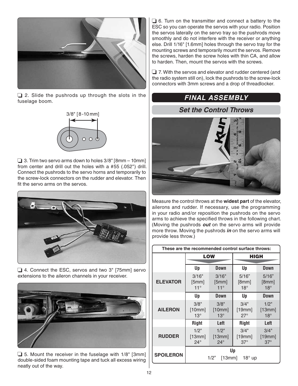 Final assembly set the control throws | Great Planes Kunai 1.4M EP Rx-R - GPMA1816 User Manual | Page 12 / 16