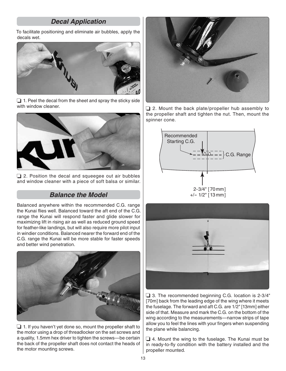 Decal application, Balance the model | Great Planes Kunai 1.4M EP Rx-R - GPMA1816 User Manual | Page 13 / 16