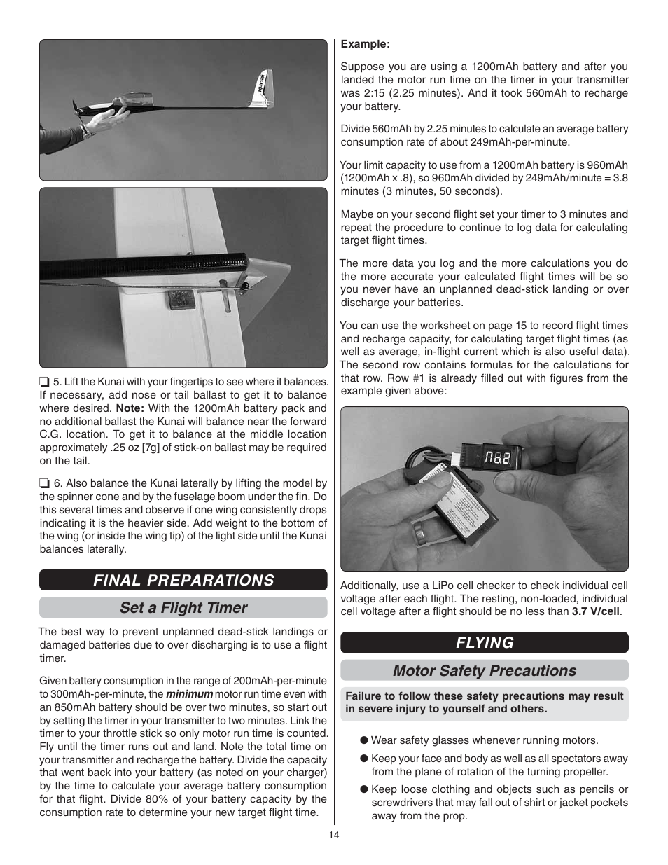 Final preparations set a flight timer, Flying motor safety precautions | Great Planes Kunai 1.4M EP Rx-R - GPMA1816 User Manual | Page 14 / 16
