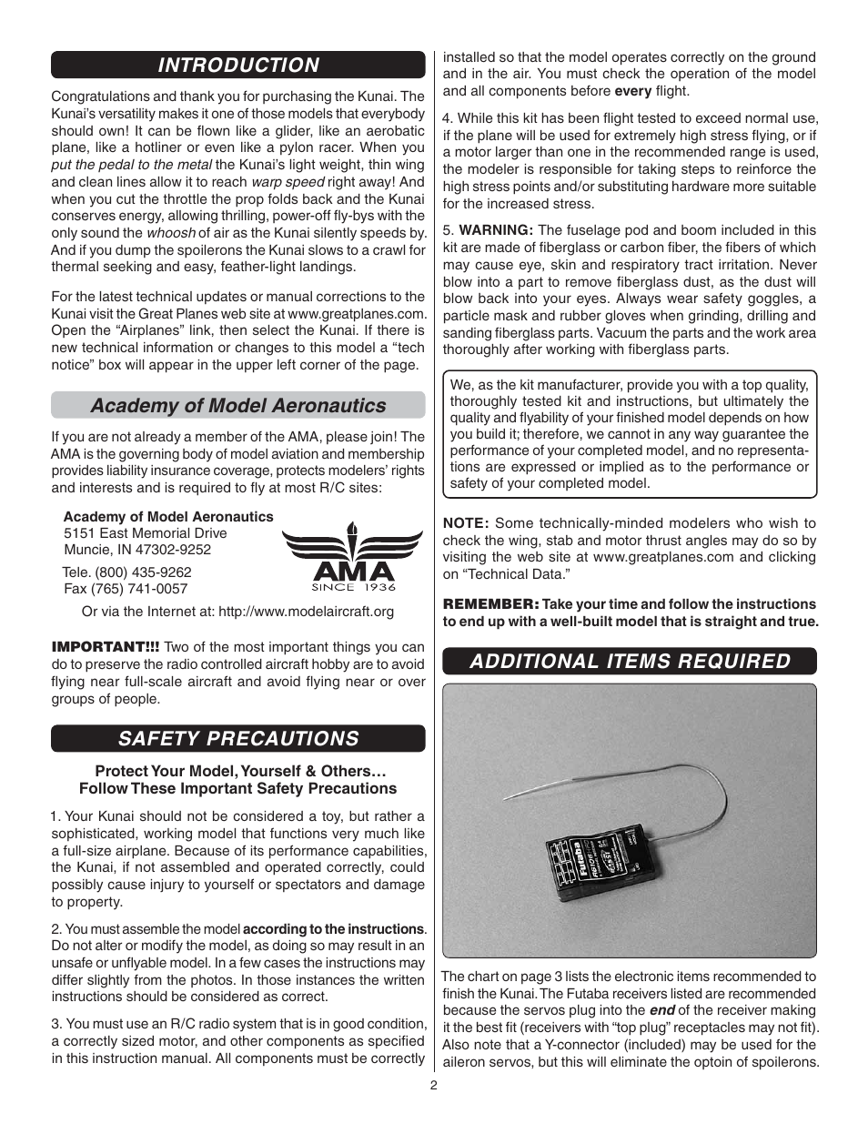 Introduction, Academy of model aeronautics, Safety precautions | Additional items required | Great Planes Kunai 1.4M EP Rx-R - GPMA1816 User Manual | Page 2 / 16