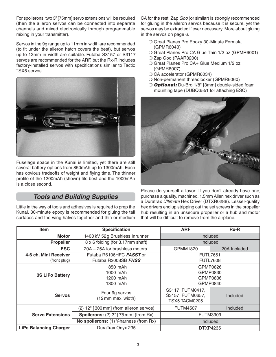 Tools and building supplies | Great Planes Kunai 1.4M EP Rx-R - GPMA1816 User Manual | Page 3 / 16