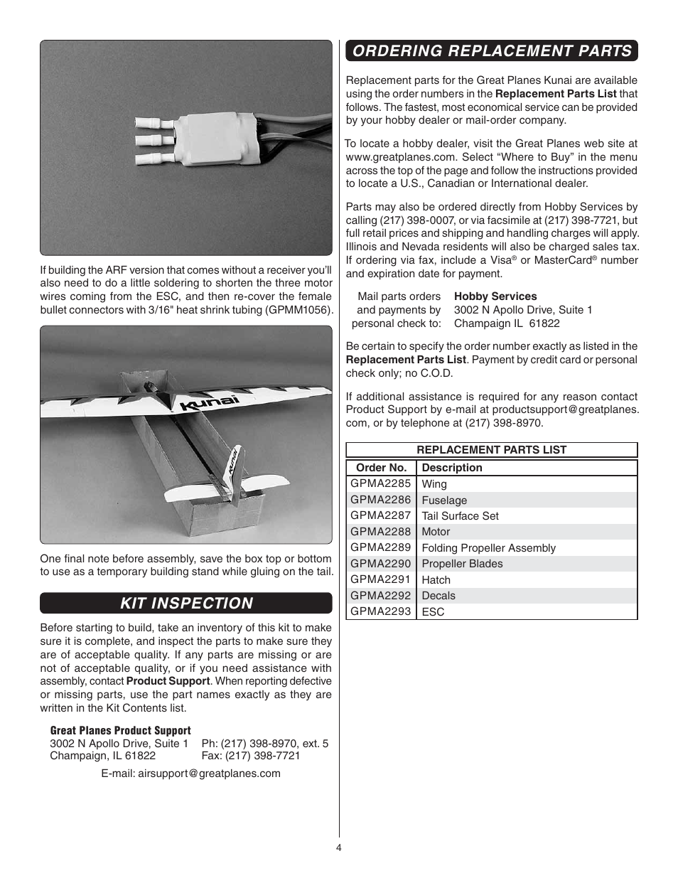 Kit inspection, Ordering replacement parts | Great Planes Kunai 1.4M EP Rx-R - GPMA1816 User Manual | Page 4 / 16