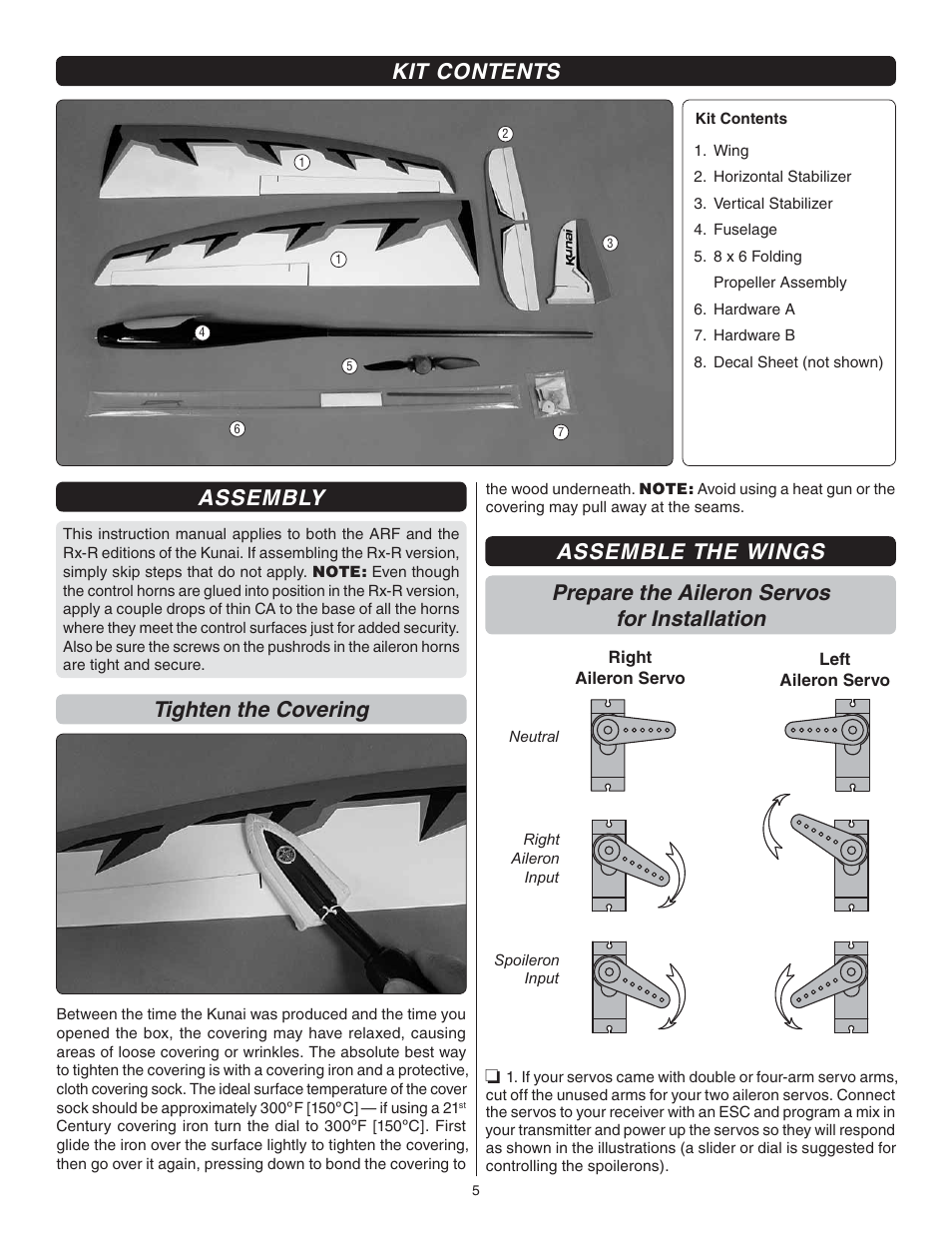 Assembly, Tighten the covering, Kit contents | Great Planes Kunai 1.4M EP Rx-R - GPMA1816 User Manual | Page 5 / 16