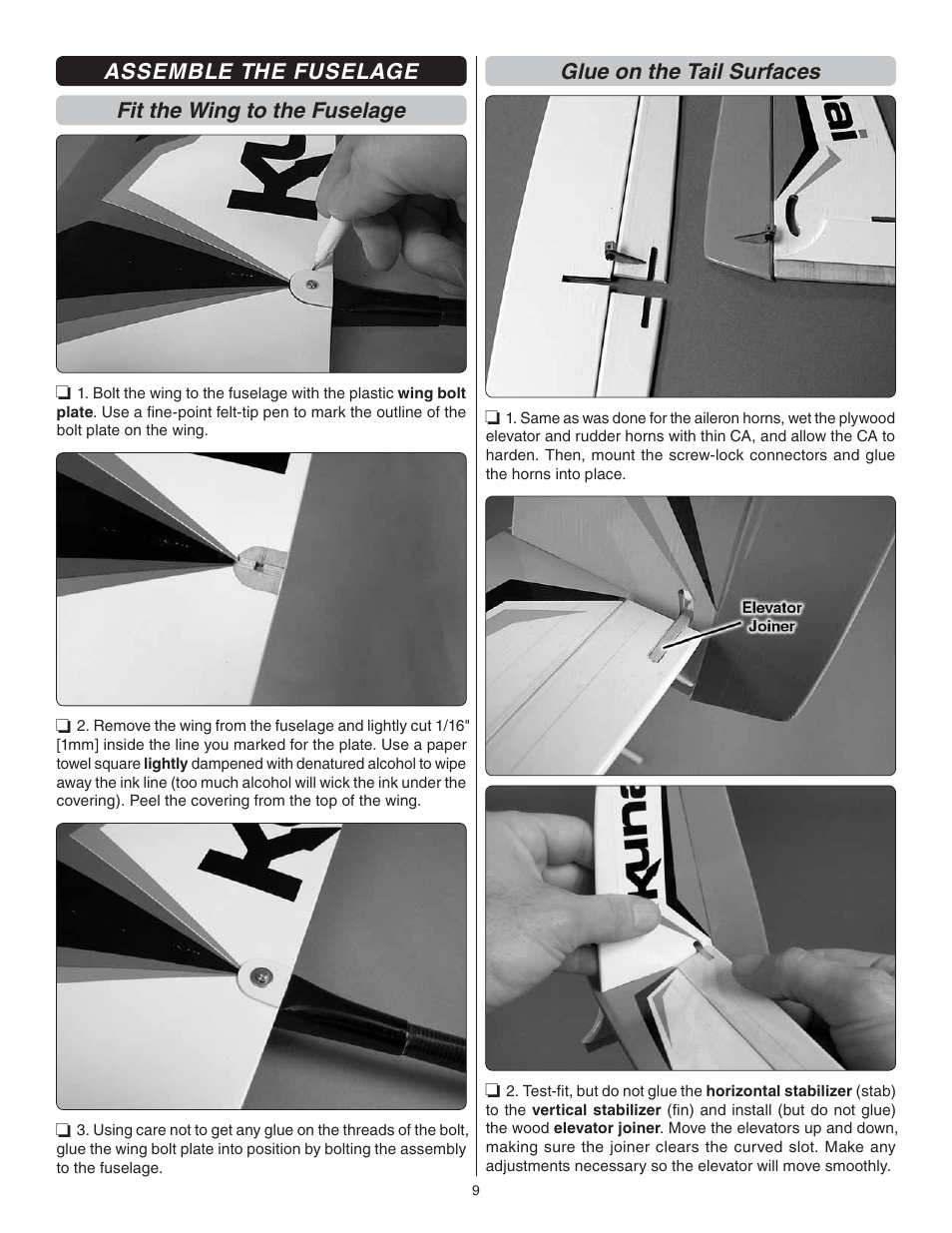 Assemble the fuselage fit the wing to the fuselage, Glue on the tail surfaces | Great Planes Kunai 1.4M EP Rx-R - GPMA1816 User Manual | Page 9 / 16