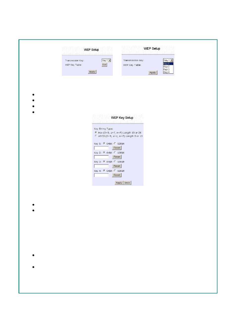 Setup wep, Key 1, Key 2 | Key 3, Key 4, Use hexadecimal, Use ascii, Bit wep, 10 hexadecimal or 5 ascii text, 26 hexadecimal or 13 ascii text | Compex Systems WPE53G User Manual | Page 134 / 184