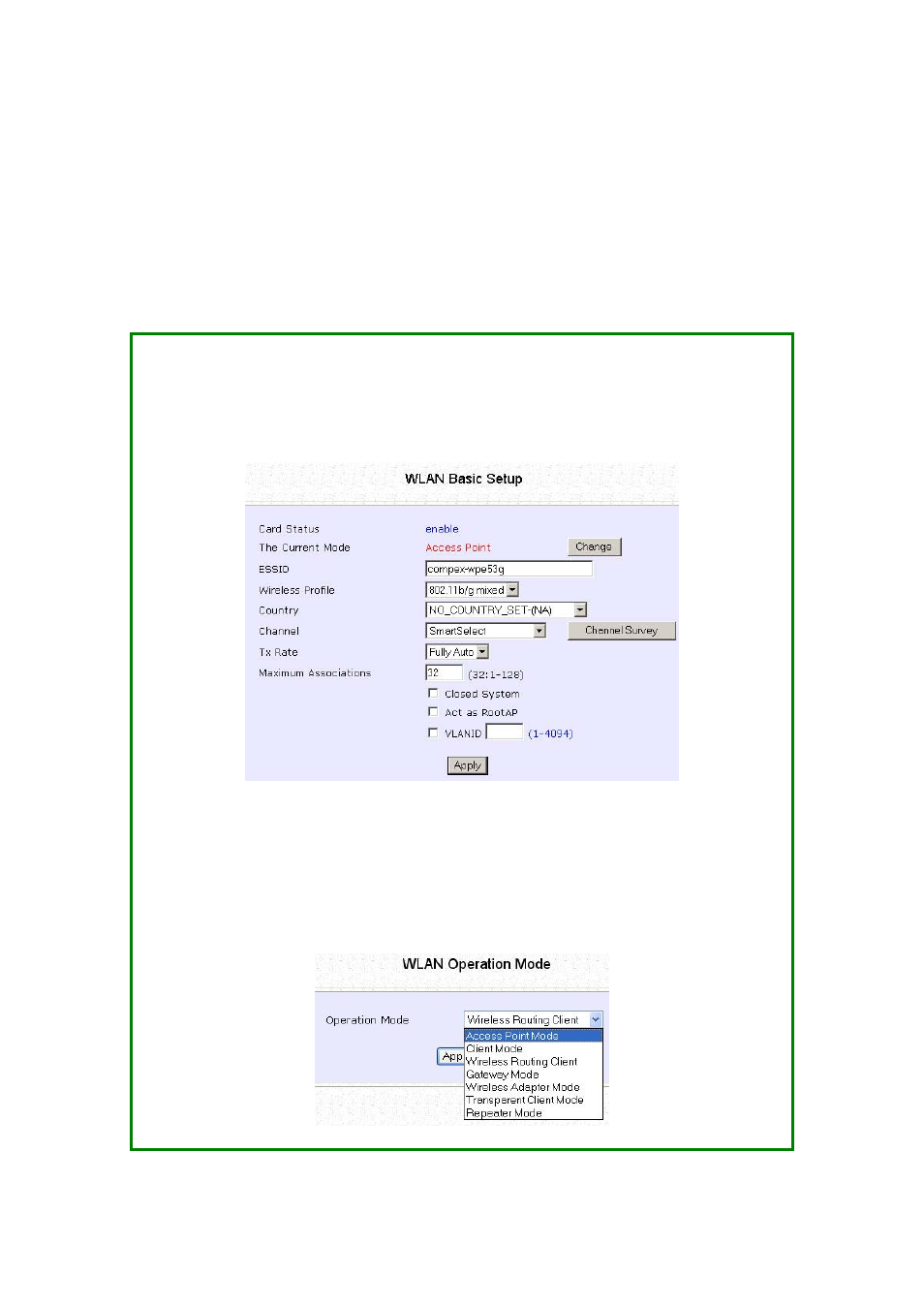 Setup wlan, Configure the basic setup of the wireless mode | Compex Systems WPE53G User Manual | Page 46 / 184
