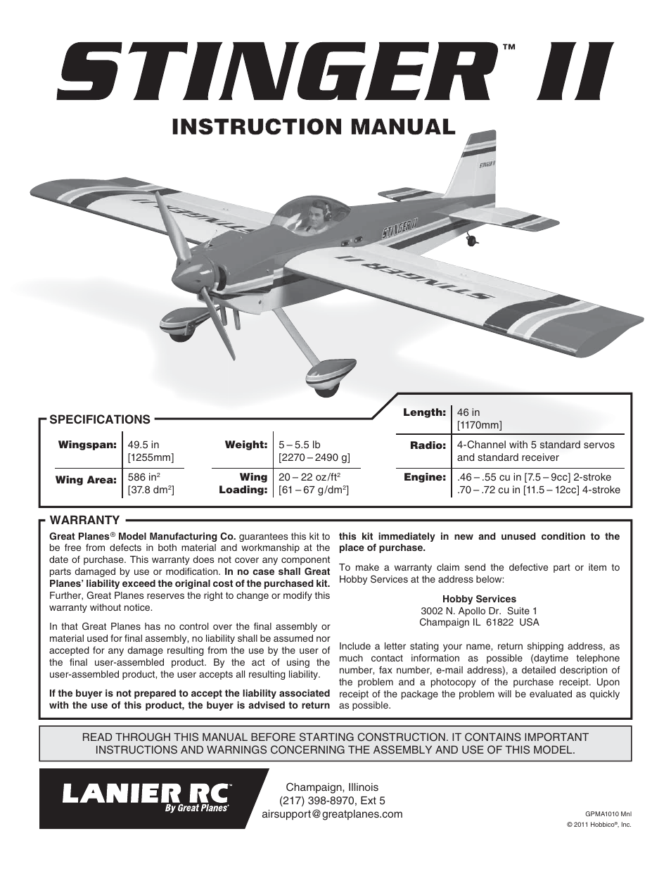 Great Planes Lanier RC Stinger II - GPMA1010 User Manual | 24 pages