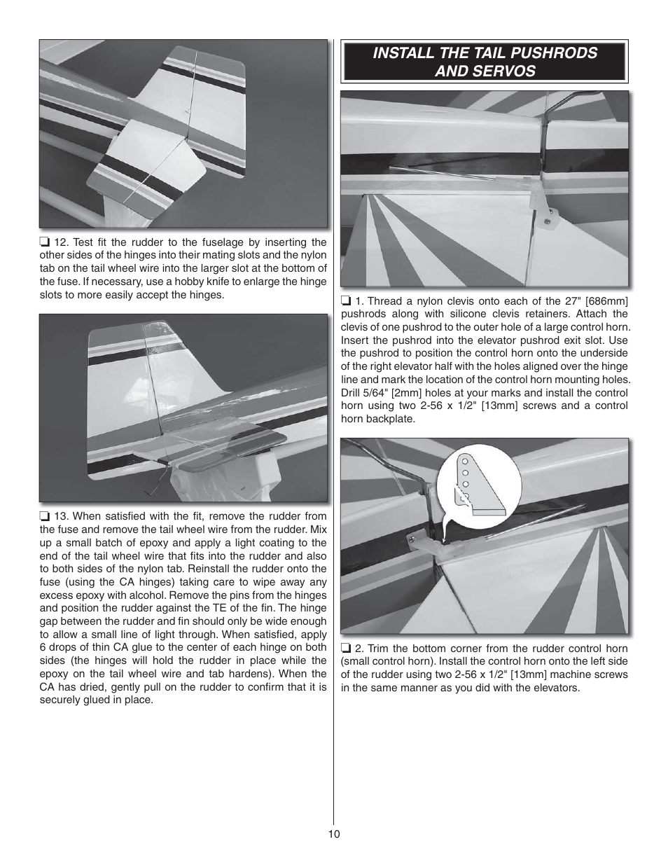 Install the tail pushrods and servos | Great Planes Lanier RC Stinger II - GPMA1010 User Manual | Page 10 / 24