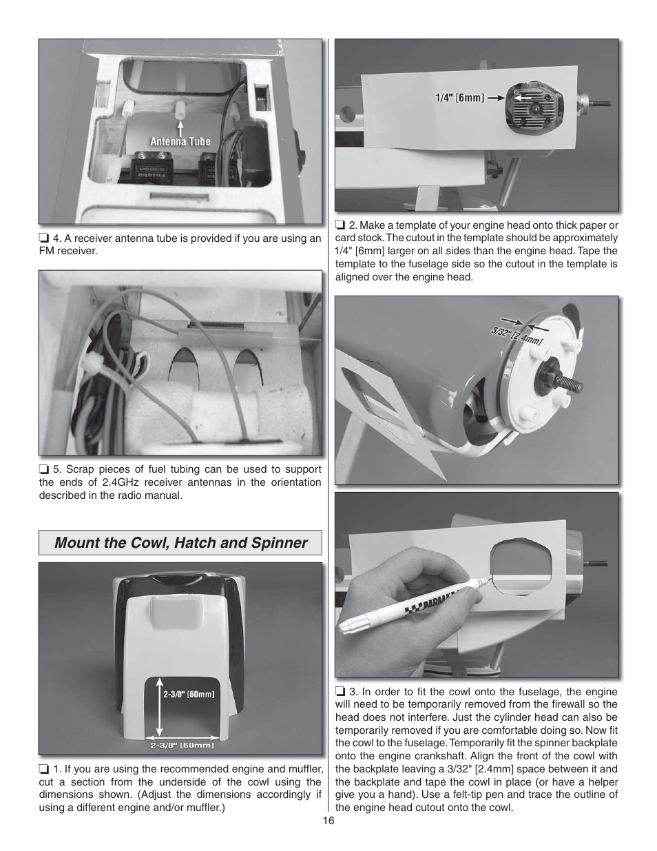 Mount the cowl, hatch and spinner | Great Planes Lanier RC Stinger II - GPMA1010 User Manual | Page 16 / 24