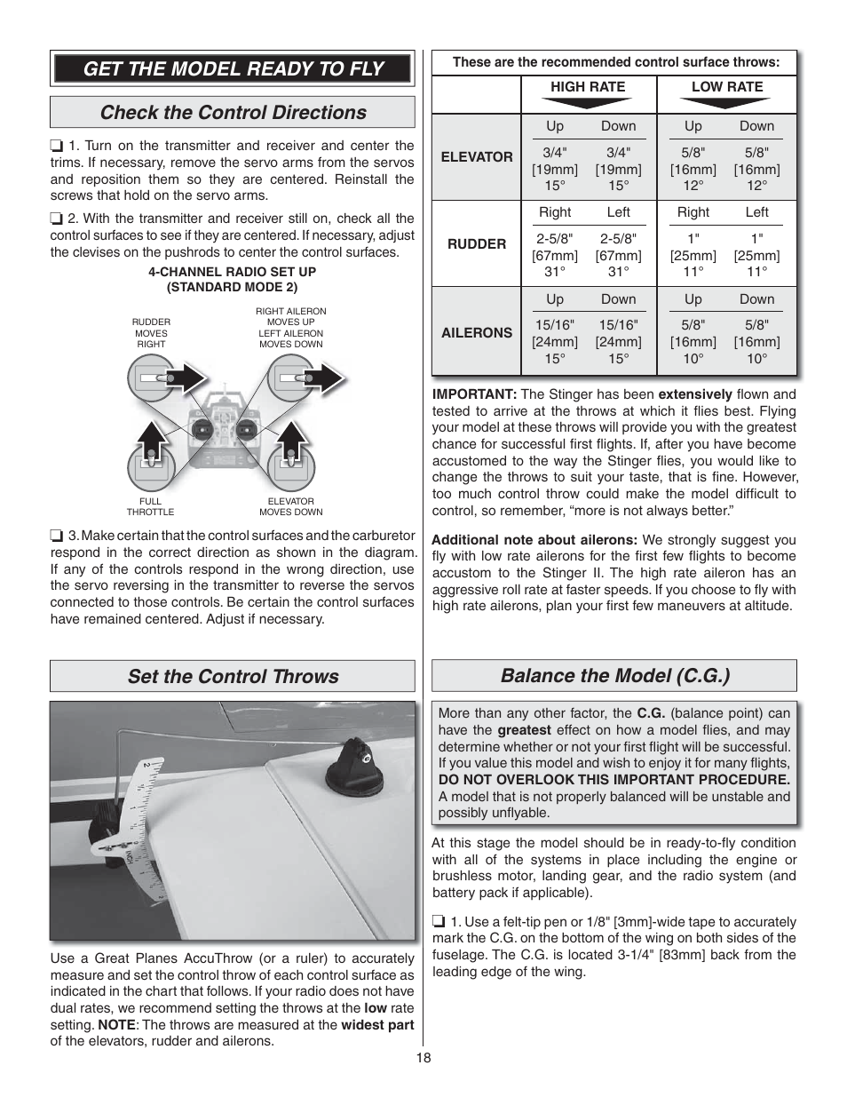 Set the control throws, Balance the model (c.g.) | Great Planes Lanier RC Stinger II - GPMA1010 User Manual | Page 18 / 24