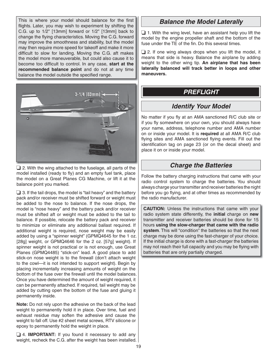 Balance the model laterally, Preflight identify your model, Charge the batteries | Great Planes Lanier RC Stinger II - GPMA1010 User Manual | Page 19 / 24