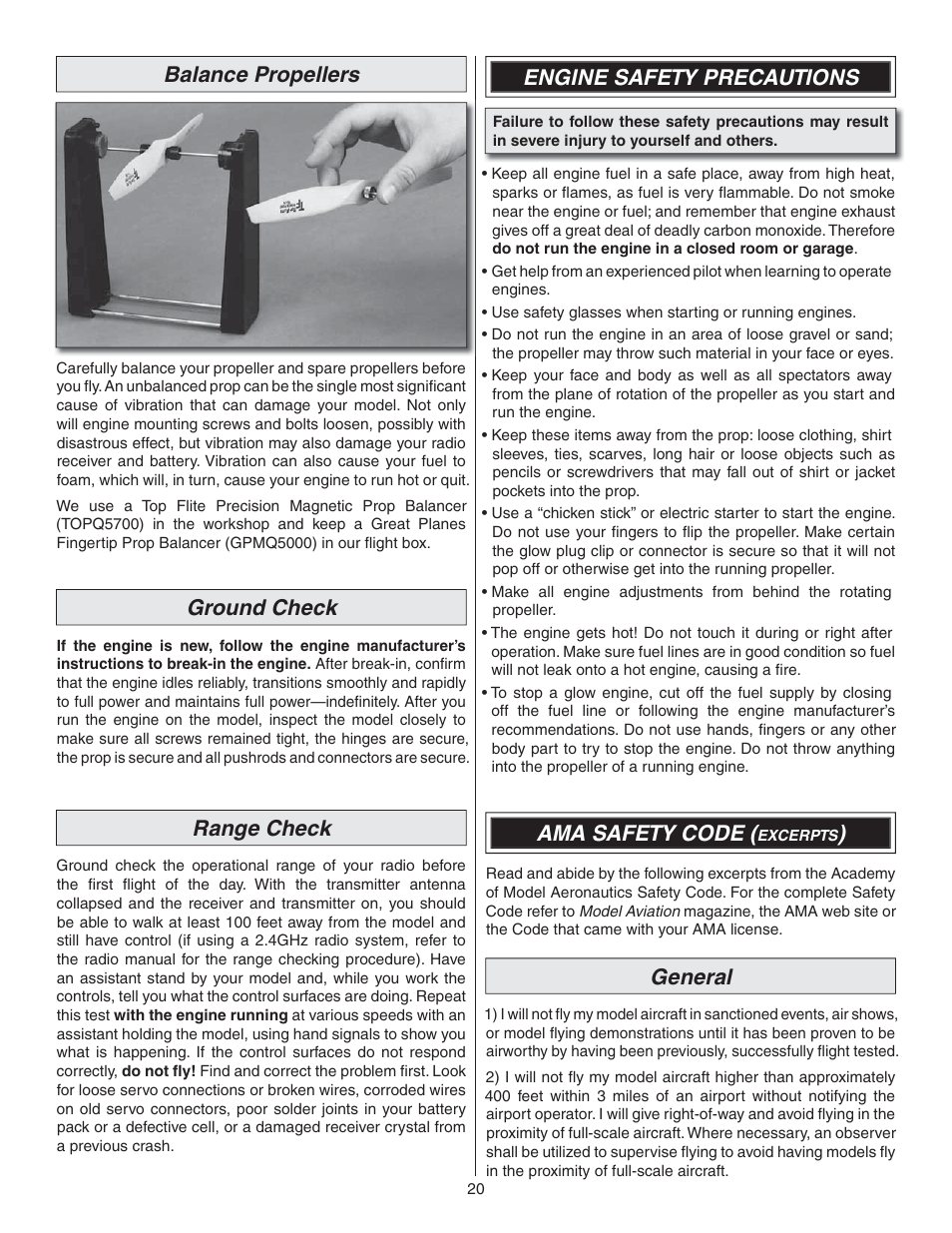 Balance propellers, Ground check, Range check | Engine safety precautions, Ama safety code, General | Great Planes Lanier RC Stinger II - GPMA1010 User Manual | Page 20 / 24