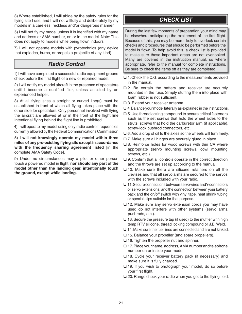 Radio control, Check list | Great Planes Lanier RC Stinger II - GPMA1010 User Manual | Page 21 / 24