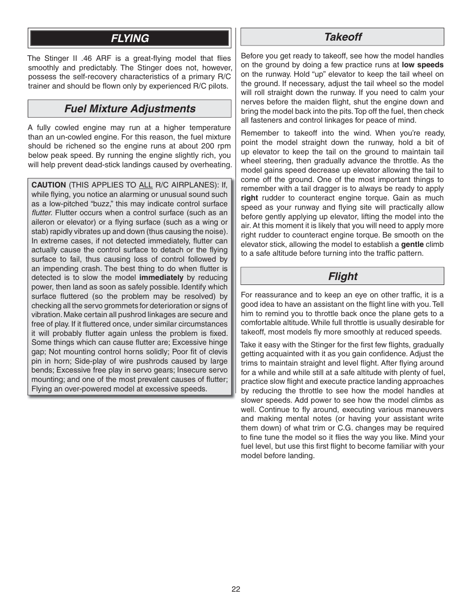 Flying, Fuel mixture adjustments, Takeoff | Flight | Great Planes Lanier RC Stinger II - GPMA1010 User Manual | Page 22 / 24