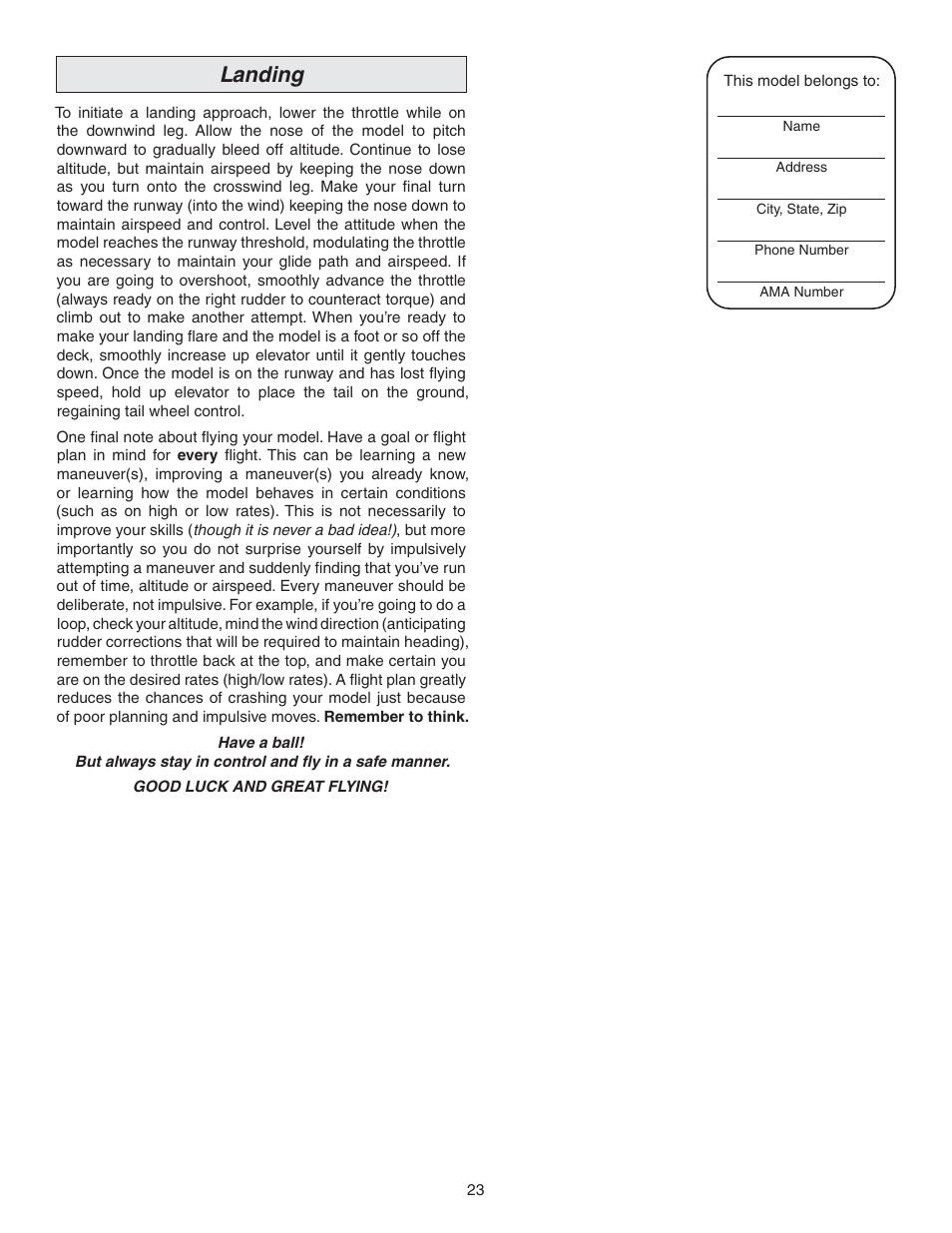 Landing | Great Planes Lanier RC Stinger II - GPMA1010 User Manual | Page 23 / 24