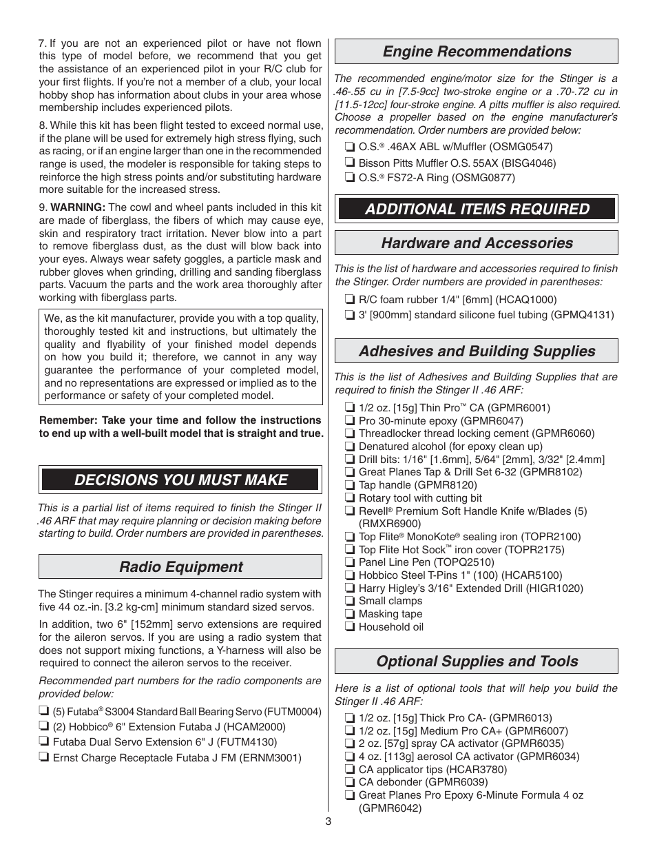 Decisions you must make, Radio equipment, Engine recommendations | Additional items required hardware and accessories, Adhesives and building supplies, Optional supplies and tools | Great Planes Lanier RC Stinger II - GPMA1010 User Manual | Page 3 / 24