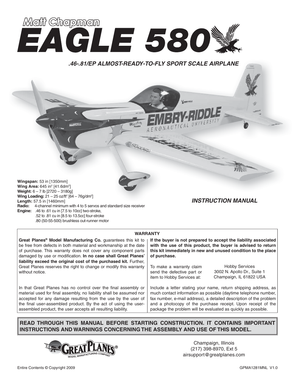 Great Planes Matt Chapman Eagle 580 46/EP ARF - GPMA1281 User Manual | 32 pages