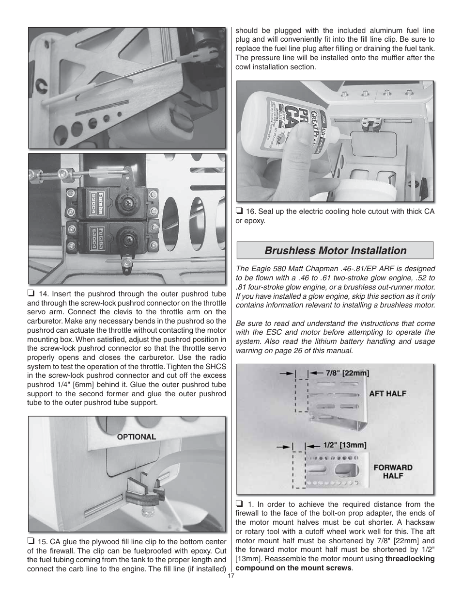 Brushless motor installation | Great Planes Matt Chapman Eagle 580 46/EP ARF - GPMA1281 User Manual | Page 17 / 32