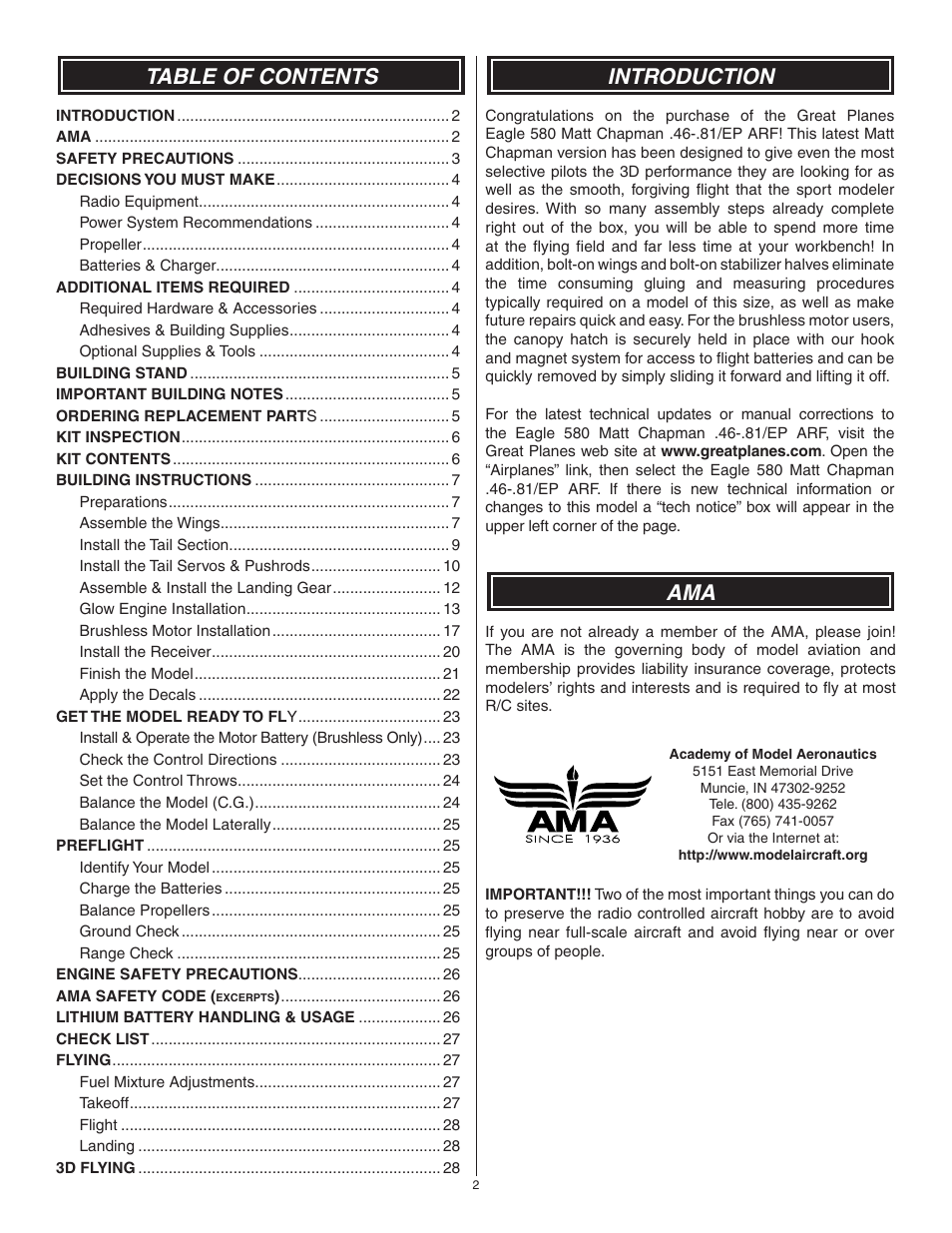 Great Planes Matt Chapman Eagle 580 46/EP ARF - GPMA1281 User Manual | Page 2 / 32
