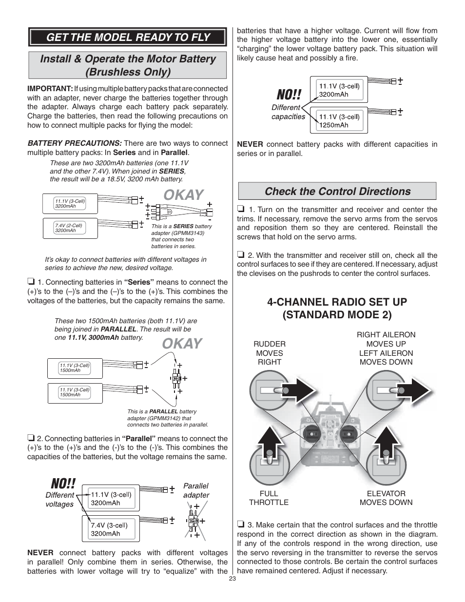 Okay, Check the control directions, Channel radio set up (standard mode 2) | Great Planes Matt Chapman Eagle 580 46/EP ARF - GPMA1281 User Manual | Page 23 / 32