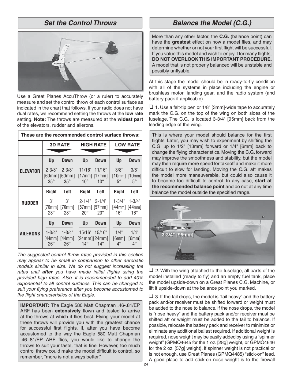 Set the control throws, Balance the model (c.g.) | Great Planes Matt Chapman Eagle 580 46/EP ARF - GPMA1281 User Manual | Page 24 / 32