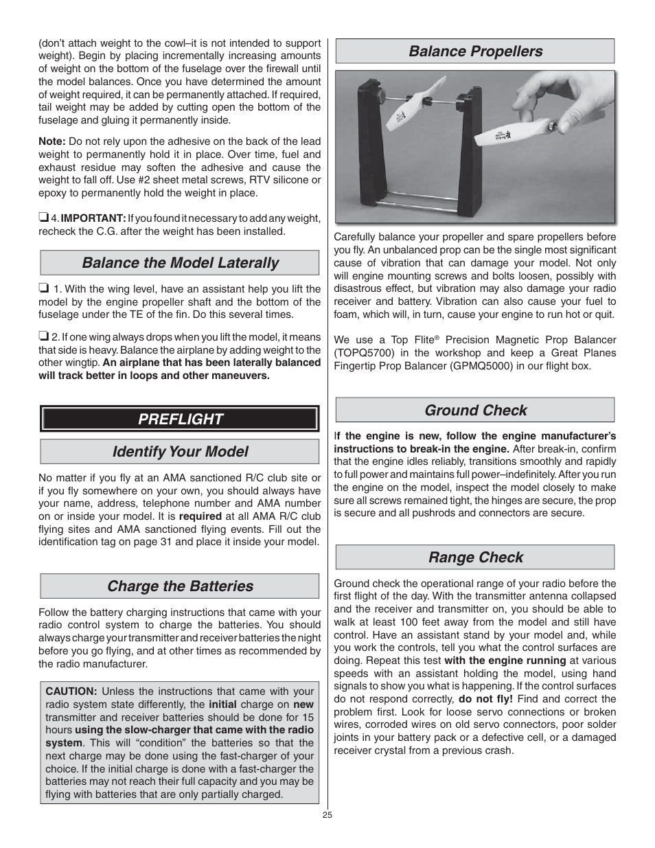 Balance the model laterally, Preflight identify your model, Charge the batteries | Balance propellers, Ground check, Range check | Great Planes Matt Chapman Eagle 580 46/EP ARF - GPMA1281 User Manual | Page 25 / 32