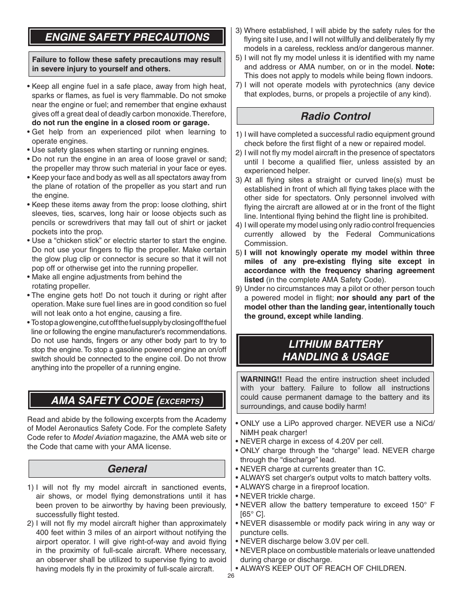 Engine safety precautions, Ama safety code, General | Radio control, Lithium battery handling & usage | Great Planes Matt Chapman Eagle 580 46/EP ARF - GPMA1281 User Manual | Page 26 / 32