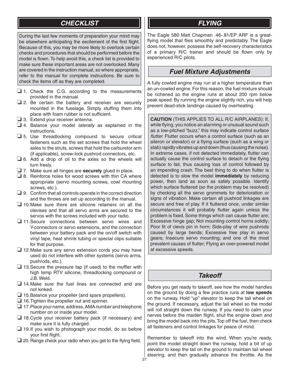 Checklist, Flying, Fuel mixture adjustments | Takeoff | Great Planes Matt Chapman Eagle 580 46/EP ARF - GPMA1281 User Manual | Page 27 / 32