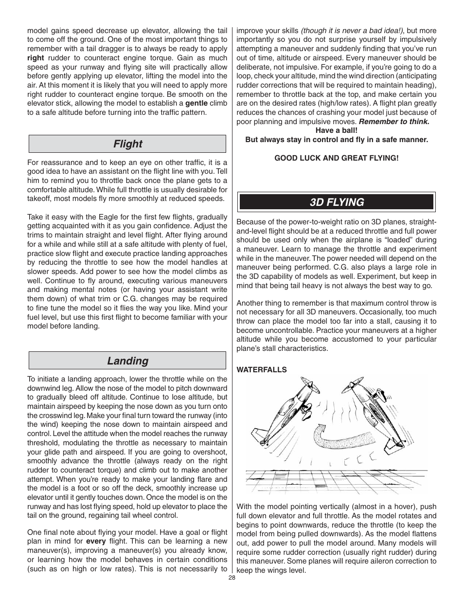 Flight, Landing, 3d flying | Great Planes Matt Chapman Eagle 580 46/EP ARF - GPMA1281 User Manual | Page 28 / 32