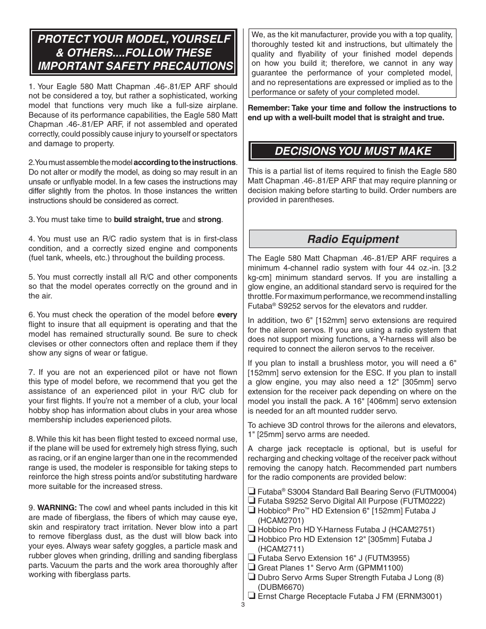 Decisions you must make, Radio equipment | Great Planes Matt Chapman Eagle 580 46/EP ARF - GPMA1281 User Manual | Page 3 / 32