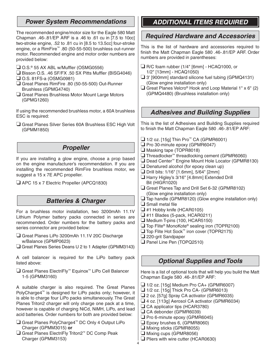 Power system recommendations, Propeller, Batteries & charger | Adhesives and building supplies, Optional supplies and tools | Great Planes Matt Chapman Eagle 580 46/EP ARF - GPMA1281 User Manual | Page 4 / 32