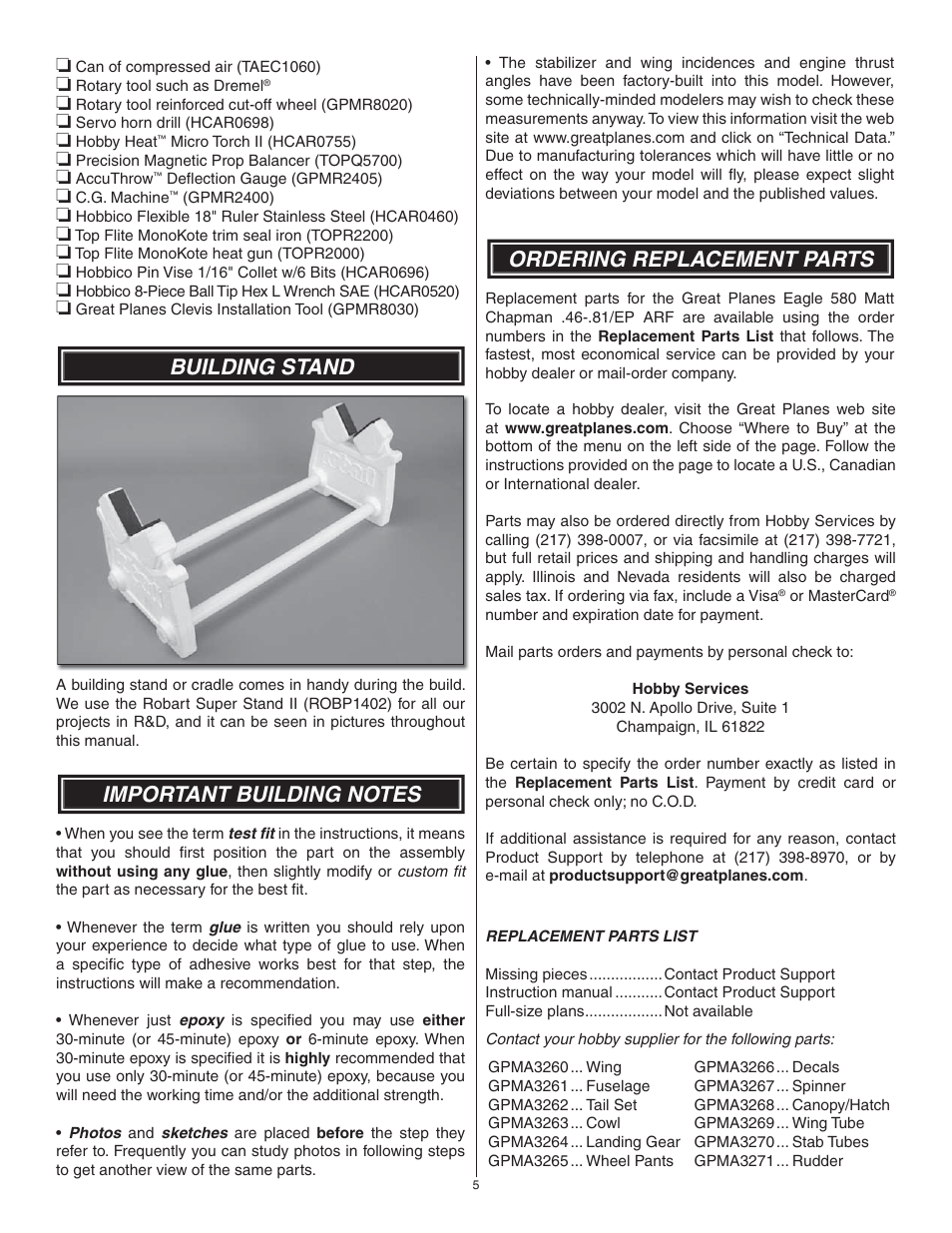 Building stand, Ordering replacement parts | Great Planes Matt Chapman Eagle 580 46/EP ARF - GPMA1281 User Manual | Page 5 / 32