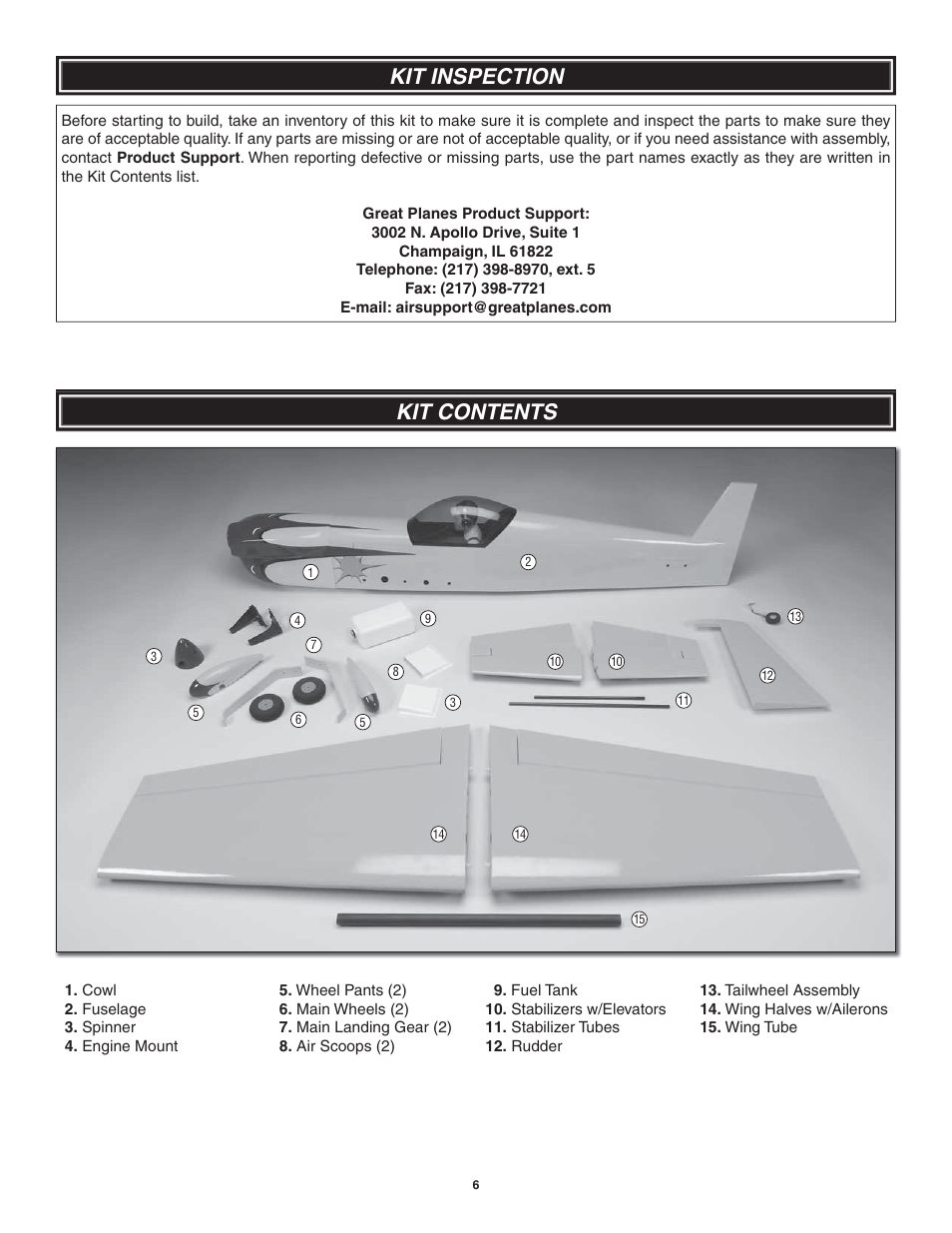 Kit inspection, Kit contents | Great Planes Matt Chapman Eagle 580 46/EP ARF - GPMA1281 User Manual | Page 6 / 32