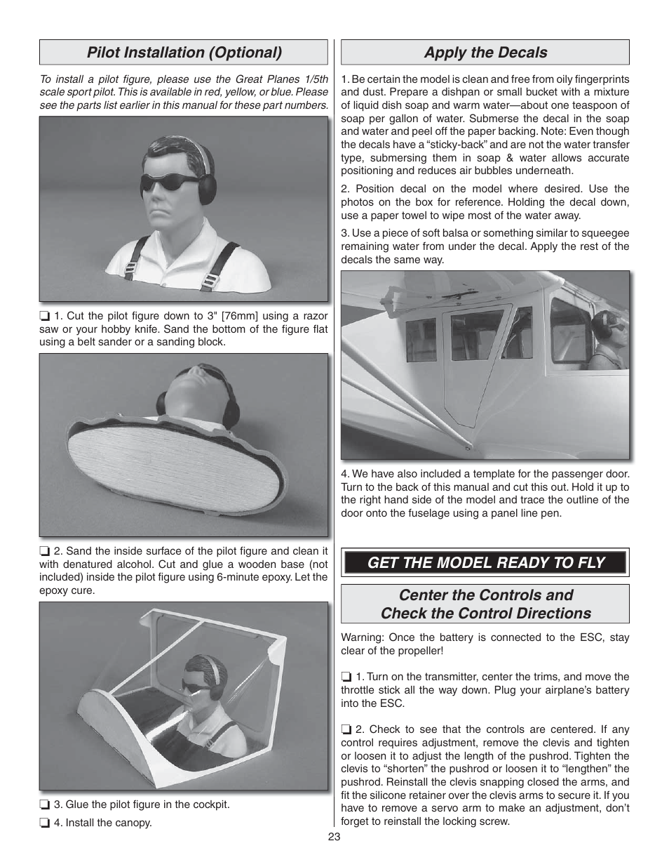 Pilot installation (optional), Apply the decals | Great Planes Mister Mulligan EP ARF - GPMA1485 User Manual | Page 23 / 32