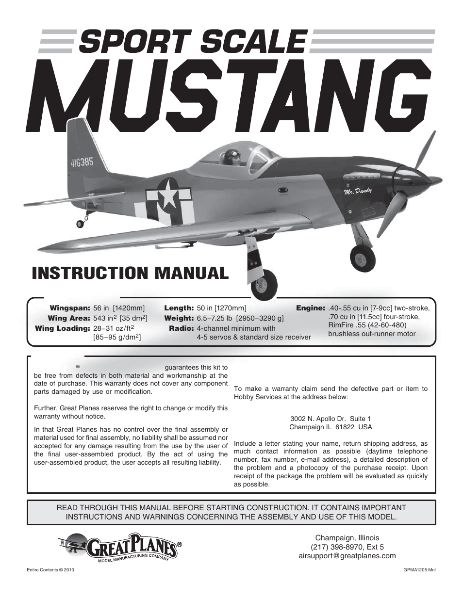 Great Planes P-51 Mustang GP/EP ARF - GPMA1205 User Manual | 24 pages