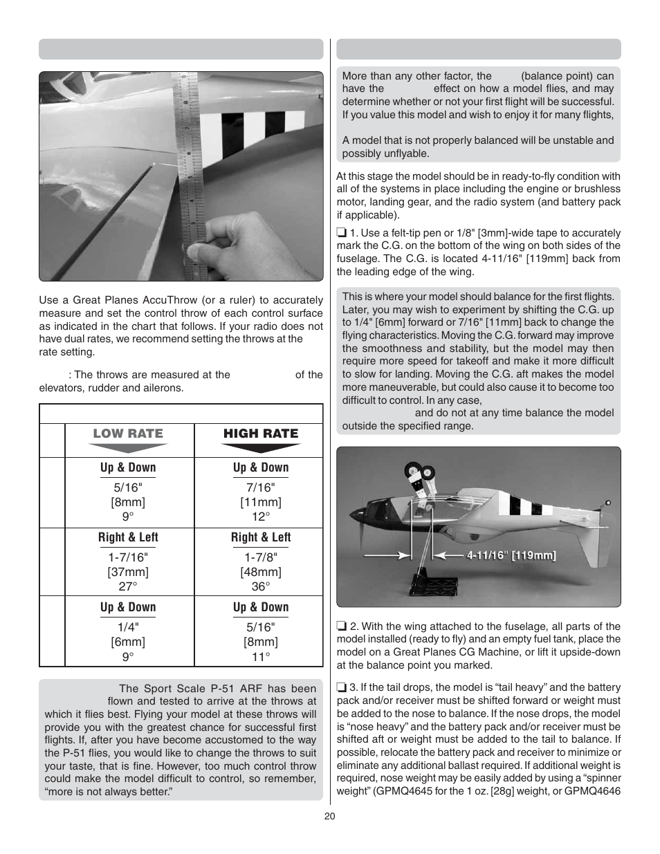 Set the control throws, Balance the model (c.g.) | Great Planes P-51 Mustang GP/EP ARF - GPMA1205 User Manual | Page 20 / 24