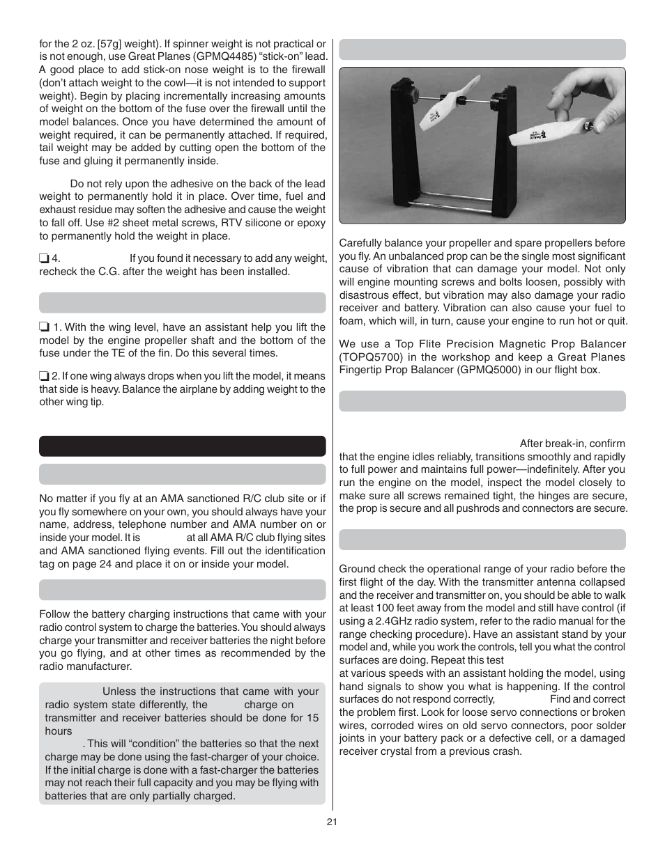 Balance the model laterally, Preflight identify your model, Charge the batteries | Balance propellers, Ground check, Range check | Great Planes P-51 Mustang GP/EP ARF - GPMA1205 User Manual | Page 21 / 24
