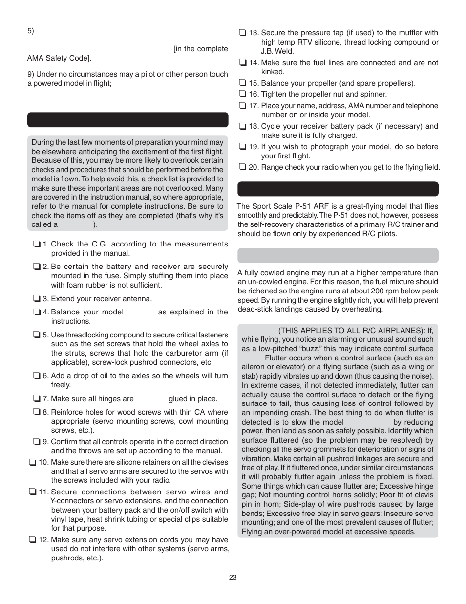 Check list, Flying, Fuel mixture adjustments | Great Planes P-51 Mustang GP/EP ARF - GPMA1205 User Manual | Page 23 / 24