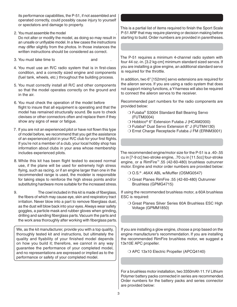 Decisions you must make, Radio equipment, Power system recommendations | Propeller, Batteries and charger | Great Planes P-51 Mustang GP/EP ARF - GPMA1205 User Manual | Page 3 / 24
