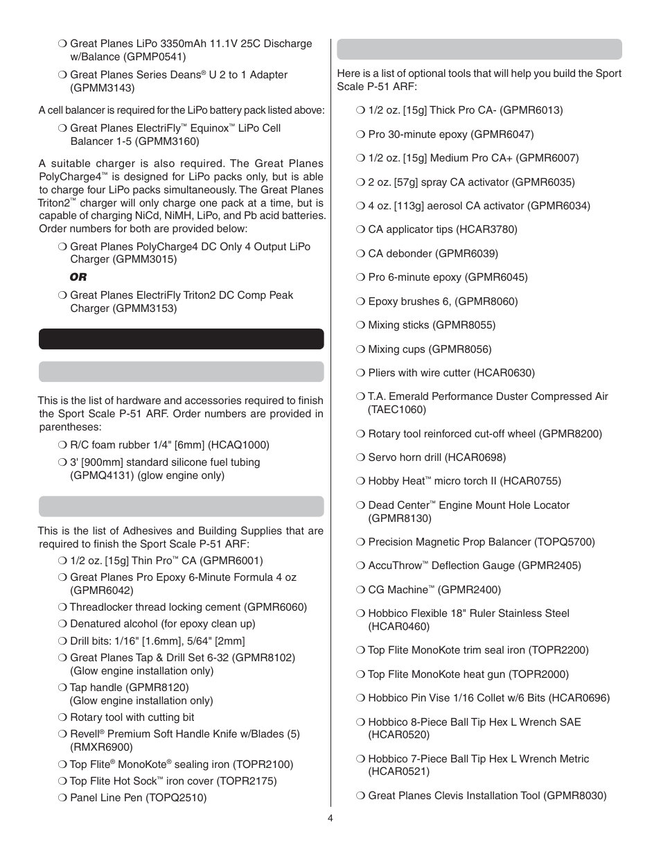 Adhesives & building supplies, Optional supplies & tools | Great Planes P-51 Mustang GP/EP ARF - GPMA1205 User Manual | Page 4 / 24