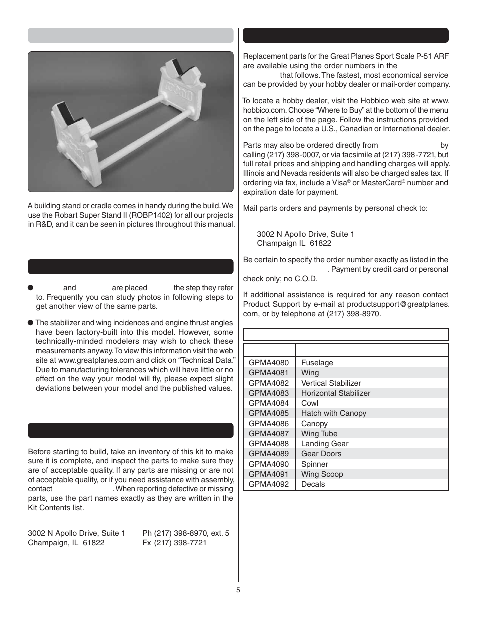 Building stand, Kit inspection, Ordering replacement parts | Great Planes P-51 Mustang GP/EP ARF - GPMA1205 User Manual | Page 5 / 24