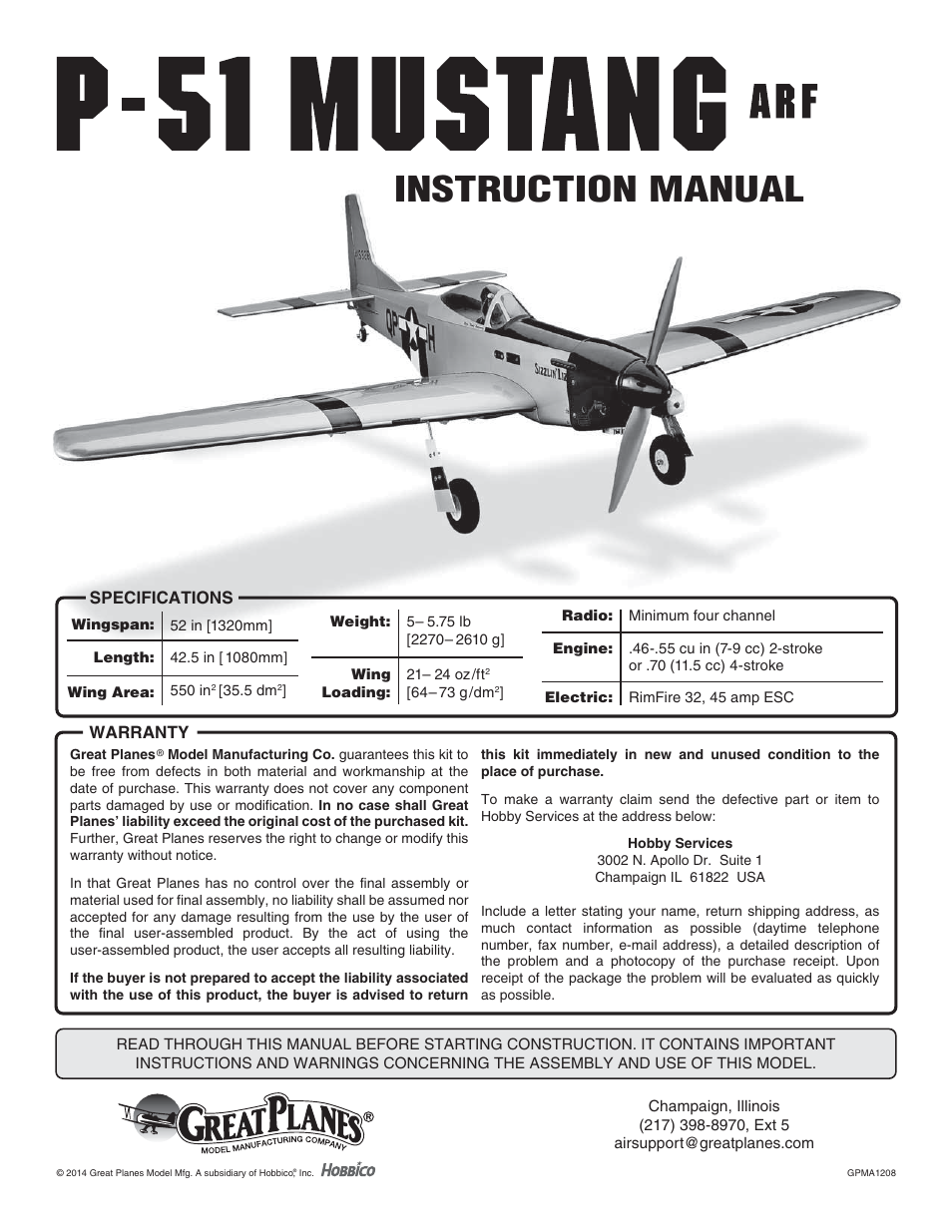 Great Planes P-51 Mustang Sport Fighter .46 EP ARF - GPMA1208 User Manual | 28 pages