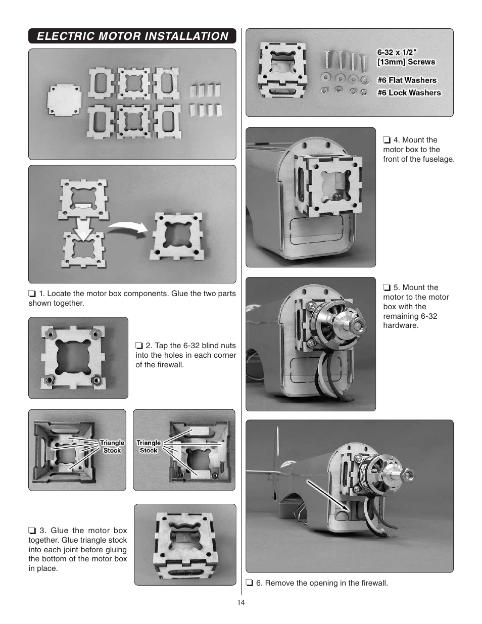 Electric motor installation | Great Planes P-51 Mustang Sport Fighter .46 EP ARF - GPMA1208 User Manual | Page 14 / 28