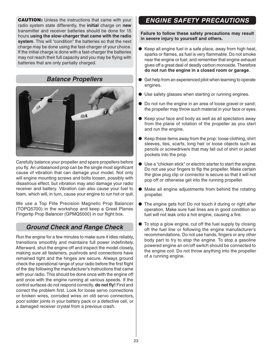 Balance propellers, Ground check and range check, Engine safety precautions | Great Planes P-51 Mustang Sport Fighter .46 EP ARF - GPMA1208 User Manual | Page 23 / 28