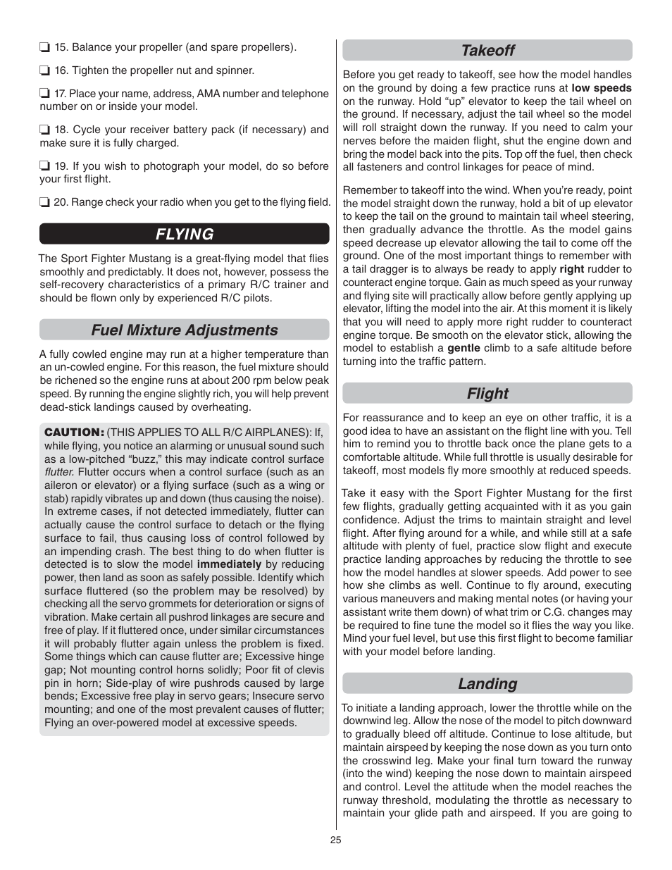 Flying, Fuel mixture adjustments, Takeoff | Flight, Landing | Great Planes P-51 Mustang Sport Fighter .46 EP ARF - GPMA1208 User Manual | Page 25 / 28
