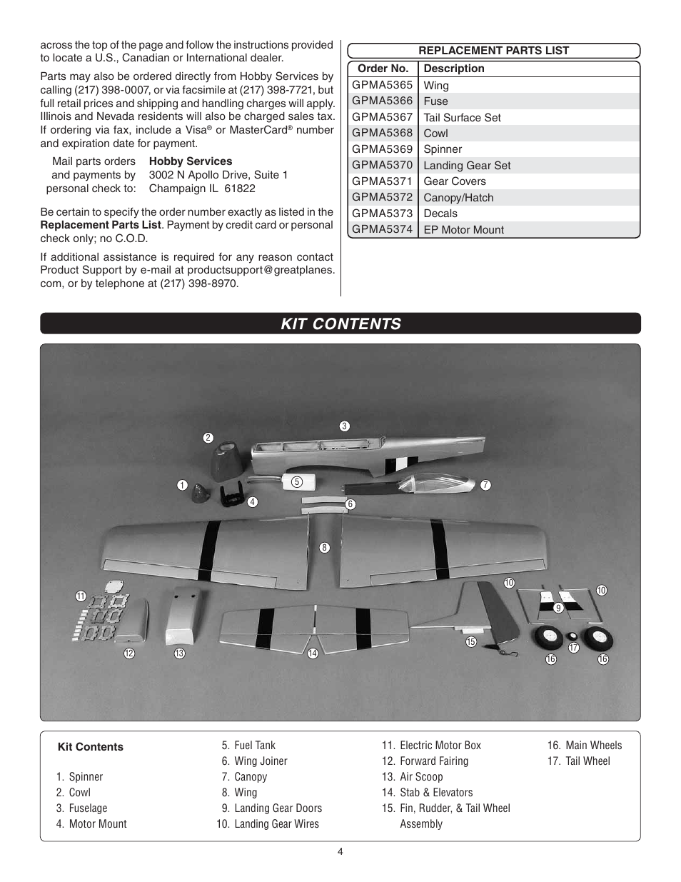 Kit contents | Great Planes P-51 Mustang Sport Fighter .46 EP ARF - GPMA1208 User Manual | Page 4 / 28